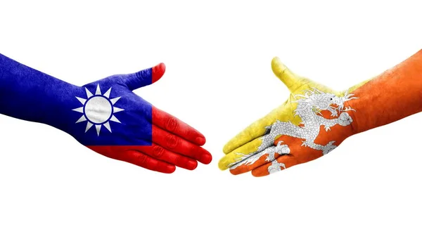 台湾与不丹之间握手 手绘国旗 孤立透明的形象 — 图库照片