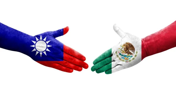 Χειραψία Μεταξύ Ταϊβάν Και Μεξικού Σημαίες Ζωγραφισμένα Στα Χέρια Απομονωμένη — Φωτογραφία Αρχείου