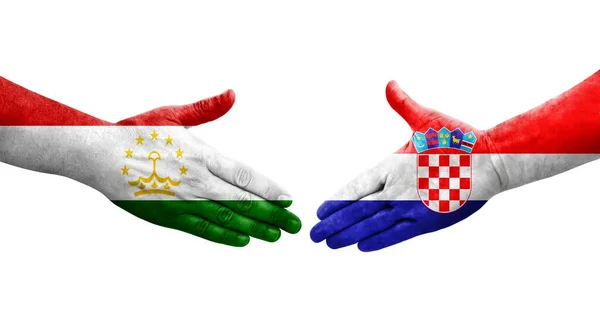 Рукостискання Між Таджикистаном Хорватією Прапори Намальовані Руках Ізольований Прозорий Образ — стокове фото