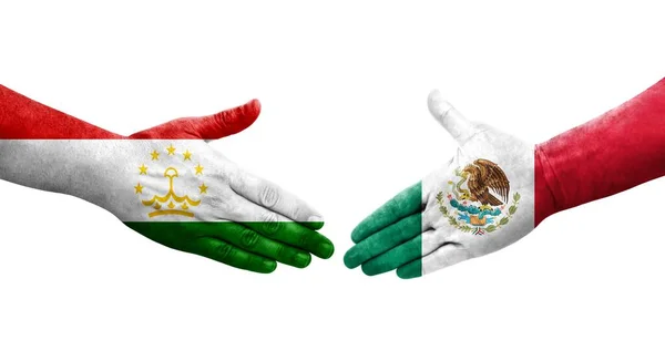 Χειραψία Μεταξύ Τατζικιστάν Και Μεξικού Σημαίες Ζωγραφισμένα Στα Χέρια Απομονωμένη — Φωτογραφία Αρχείου
