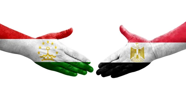 Poignée Main Entre Tadjikistan Egypte Drapeaux Peints Sur Les Mains — Photo
