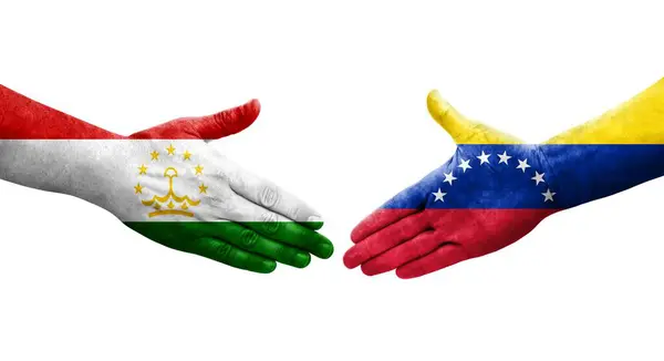 Apretón Manos Entre Tayikistán Venezuela Banderas Pintadas Las Manos Imagen —  Fotos de Stock