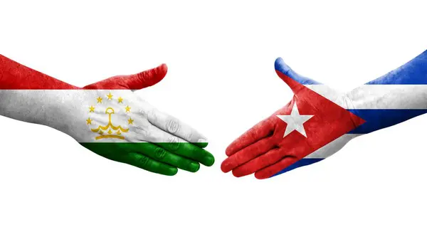 Aperto Mão Entre Tajiquistão Cuba Bandeiras Pintadas Mãos Imagem Transparente — Fotografia de Stock