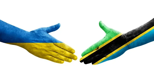 Aperto Mão Entre Tanzânia Ucrânia Bandeiras Pintadas Mãos Imagem Transparente — Fotografia de Stock