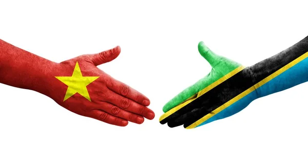 Aperto Mão Entre Tanzânia Bandeiras Vietname Pintadas Mãos Imagem Transparente — Fotografia de Stock