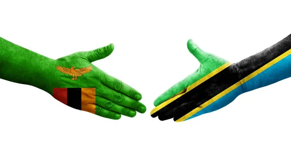 Aperto Mão Entre Tanzânia Zâmbia Bandeiras Pintadas Mãos Imagem Transparente — Fotografia de Stock