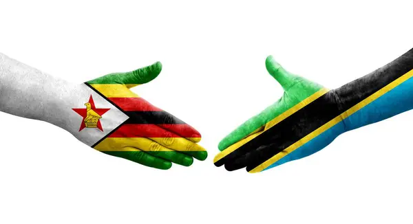 stock image Handshake between Tanzania and Zimbabwe flags painted on hands, isolated transparent image.