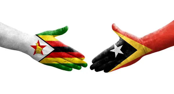 Рукопожатие Между Флагами Восточного Тимора Зимбабве Нарисованное Руках Изолированное Прозрачное — стоковое фото