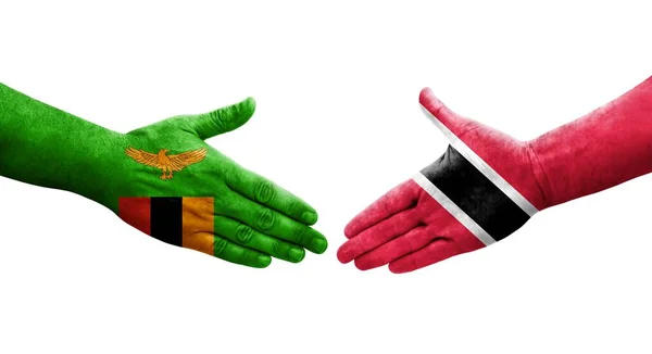 Apretón Manos Entre Trinidad Tobago Zambia Banderas Pintadas Las Manos — Foto de Stock
