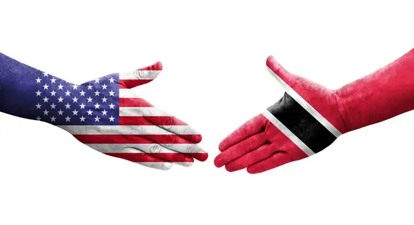 Händedruck Zwischen Trinidad Tobago Und Usa Flaggen Auf Hände Gemalt — Stockfoto