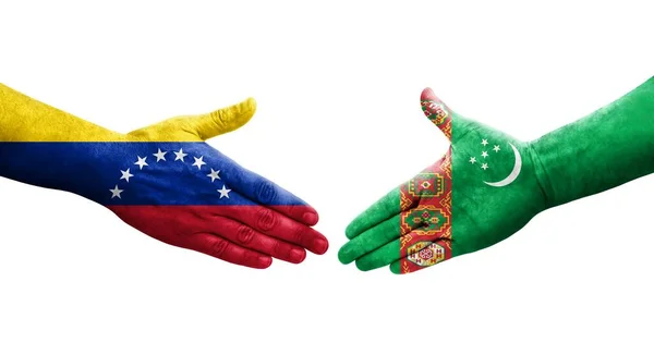 土库曼斯坦和委内瑞拉之间握手 手绘国旗 孤立透明的形象 — 图库照片