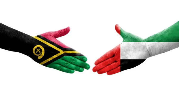Aperto Mão Entre Bandeiras Dos Emirados Árabes Unidos Vanuatu Pintadas — Fotografia de Stock