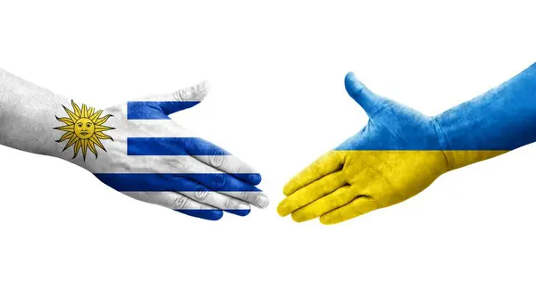 Apretón Manos Entre Ucrania Uruguay Banderas Pintadas Las Manos Imagen — Foto de Stock