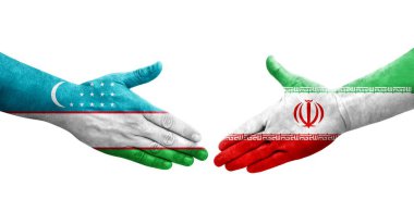 Özbekistan ile İran bayrakları arasındaki el sıkışma, izole edilmiş şeffaf görüntü.