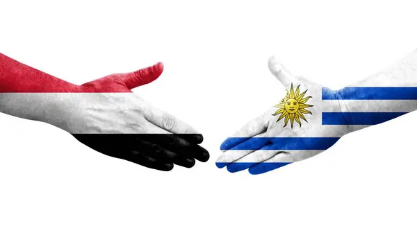 Mano Apretada Entre Uruguay Yemen Banderas Pintadas Las Manos Imagen — Foto de Stock