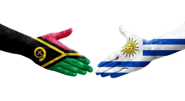 Χειραψία Μεταξύ Ουρουγουάης Και Βανουάτου Σημαίες Ζωγραφισμένα Στα Χέρια Απομονωμένη — Φωτογραφία Αρχείου