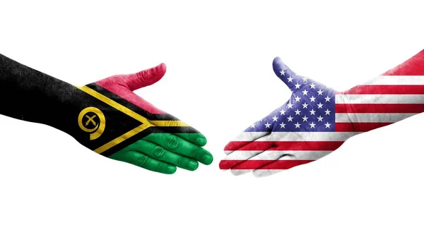 Handshake Entre Eua Bandeiras Vanuatu Pintadas Mãos Imagem Transparente Isolada — Fotografia de Stock