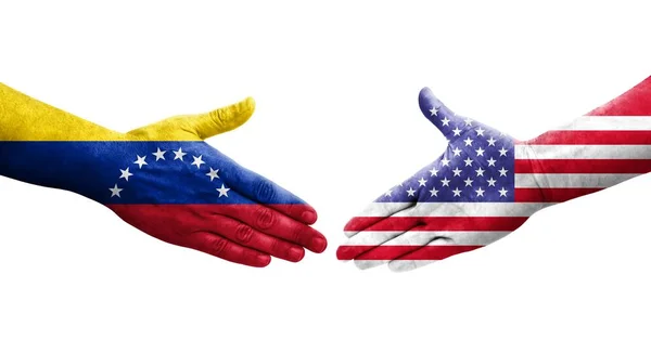 美国和委内瑞拉之间握手 手绘国旗 孤立透明的形象 — 图库照片
