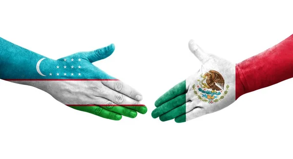 Рукостискання Між Узбекистаном Мексикою Прапори Намальовані Руках Ізольоване Прозоре Зображення — стокове фото