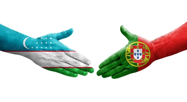 ウズベキスタンとポルトガルの国旗を手描きで握手し 透明感のある孤立したイメージ — ストック写真