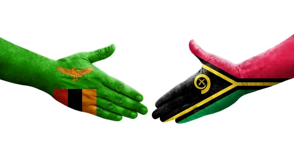 Potřesení Rukou Mezi Vlajkami Vanuatu Zambie Namalovanými Rukou Izolovaný Průhledný — Stock fotografie