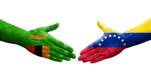 委内瑞拉和赞比亚之间握手 手绘国旗 孤立透明的形象 — 图库照片