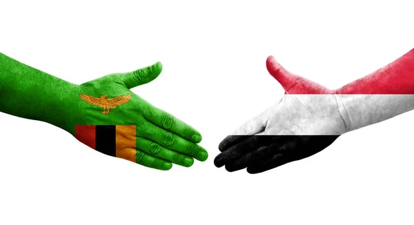 Рукопожатие Между Флагом Йемена Замбии Нарисованное Руках Изолированное Прозрачное Изображение — стоковое фото