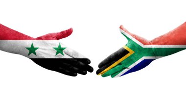 Güney Afrika ve Suriye bayrakları arasındaki el sıkışma, izole şeffaf görüntü.