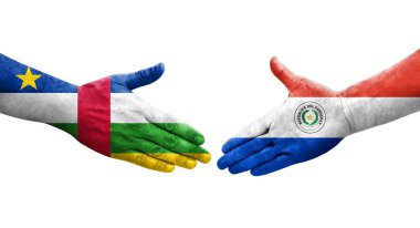 Paraguay ve Orta Afrika Cumhuriyeti bayrakları arasındaki el sıkışma, izole şeffaf görüntü.