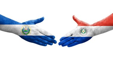 Paraguay ve El Salvador bayrakları arasındaki el sıkışma, izole şeffaf görüntü.