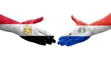 Ellerinde Paraguay ve Mısır bayrakları arasında el sıkışma, izole şeffaf görüntü.