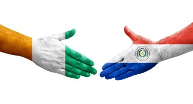Ellerinde Paraguay ve Fildişi Sahili bayrakları arasında el sıkışma, izole şeffaf görüntü.