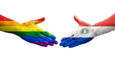 Ellere boyanmış Paraguay ve LGBT bayrakları arasındaki el sıkışma, izole şeffaf resim.