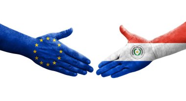 Paraguay ve Avrupa Birliği bayrakları arasındaki el sıkışma, izole şeffaf görüntü.
