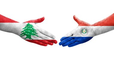 Ellere boyanmış Paraguay ve Lübnan bayrakları arasındaki el sıkışma, izole şeffaf görüntü.