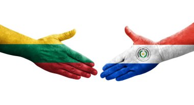 Paraguay ve Litvanya bayrakları arasındaki el sıkışma ellerinde izole şeffaf görüntü.