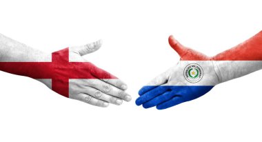 Paraguay ve İngiltere bayrakları arasındaki el sıkışma ellerinde resmedilmiş şeffaf görüntü.