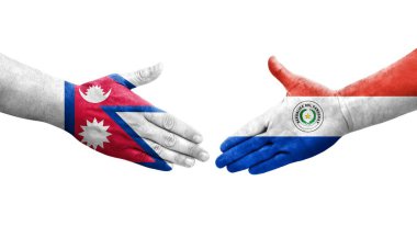 Ellerinde Paraguay ve Nepal bayrakları arasında el sıkışma, izole şeffaf görüntü.