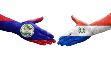 Ellerinde Paraguay ve Belize bayrakları arasında el sıkışma, izole şeffaf görüntü.