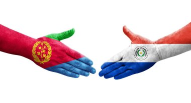 Ellerinde Paraguay ve Eritre bayrakları arasında el sıkışma, izole şeffaf görüntü.