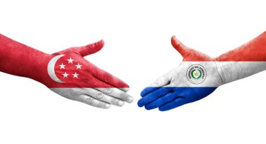 Ellerinde Paraguay ve Singapur bayrakları arasında el sıkışma, izole şeffaf görüntü.