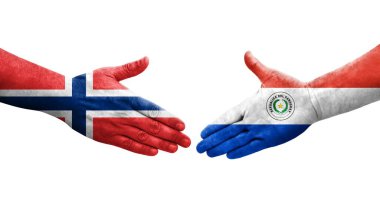 Ellerinde Paraguay ve Norveç bayrakları arasında el sıkışma, izole şeffaf görüntü.