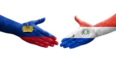 Ellerinde Paraguay ve Lihtenştayn bayrakları arasında el sıkışma, izole şeffaf görüntü.