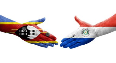 Ellerinde Paraguay ve Eswatini bayrakları arasında el sıkışma, izole şeffaf görüntü.