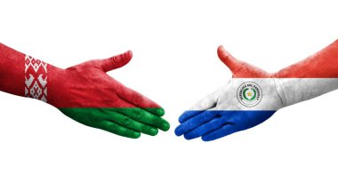 Ellerinde Paraguay ve Belarus bayrakları arasında el sıkışma, izole şeffaf görüntü.
