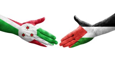 Filistin ve Burundi bayrakları arasındaki el sıkışma, izole şeffaf görüntü..