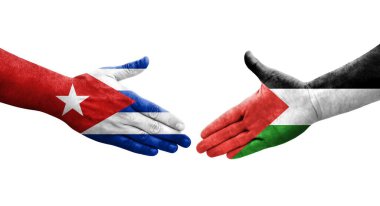 Ellerine boyanmış Filistin ve Küba bayrakları arasındaki el sıkışma, izole şeffaf görüntü.