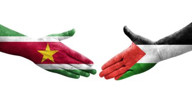Filistin ve Surinam bayrakları arasındaki el sıkışma, izole şeffaf görüntü.