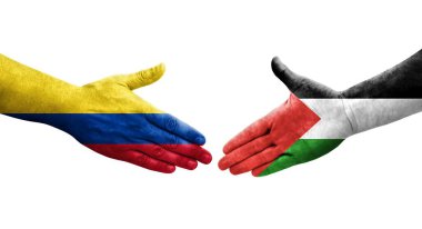 Filistin ve Kolombiya bayrakları arasında el sıkışma, izole şeffaf görüntü.