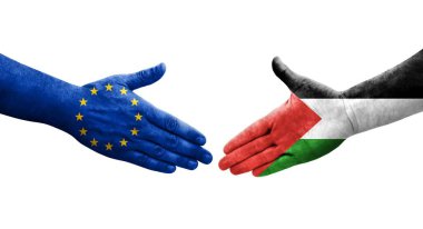 Filistin ve Avrupa Birliği bayrakları arasındaki el sıkışma, izole şeffaf görüntü.